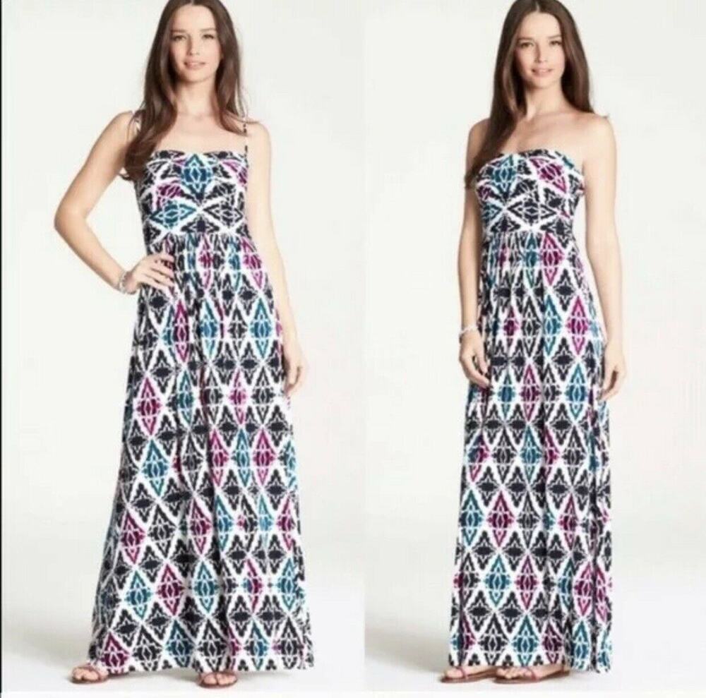 Ann Taylor Convertible Strapless Ikat Geometric Maxi Dress Size 2 multicolor